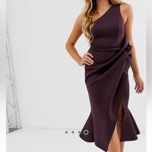 ASOS Purple Plum Scuba Dress One Shoulder Asymmetrical Midi Wedding Guest 0